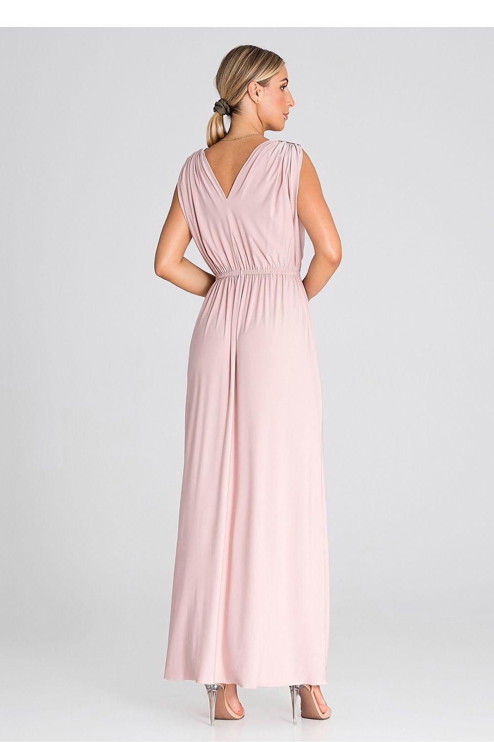 Pink sleeveless V-back cocktail dress with gathered waist and long skirt
