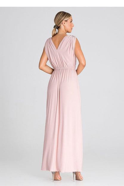 Pink sleeveless V-back cocktail dress with gathered waist and long skirt