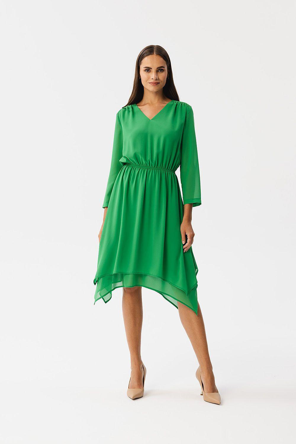 Green chiffon cocktail dress with V-neck, gathered waist, 3/4 sleeves, asymmetrical hem.