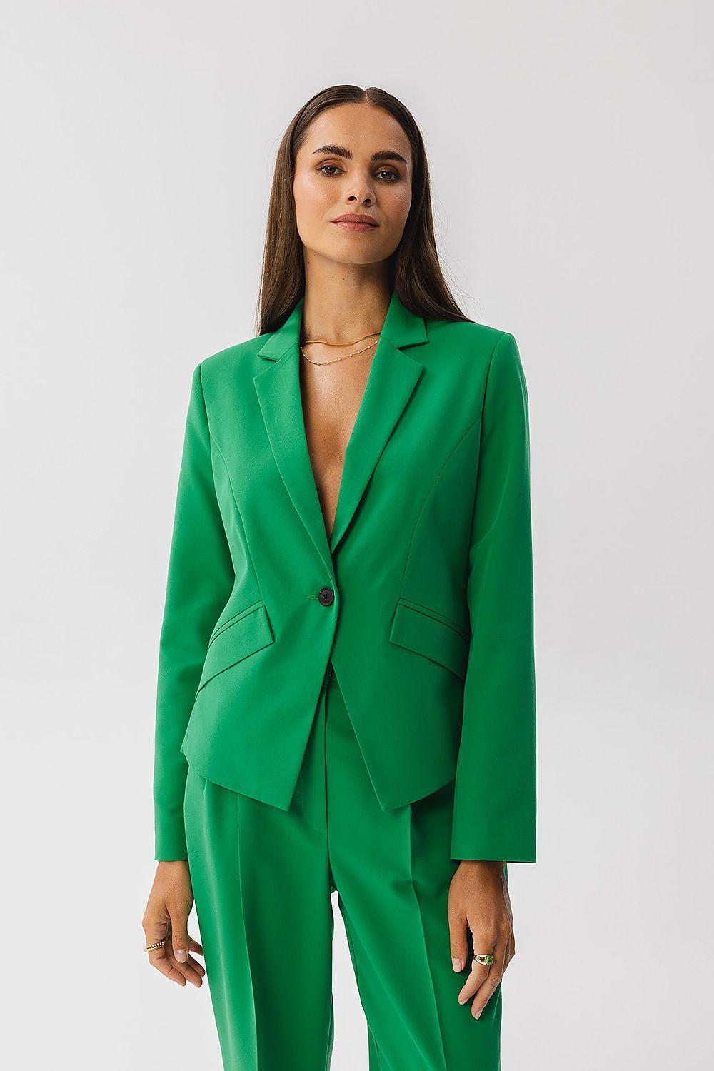 Women's asymmetrical jacket, green, single-breasted with notch lapels, long sleeves