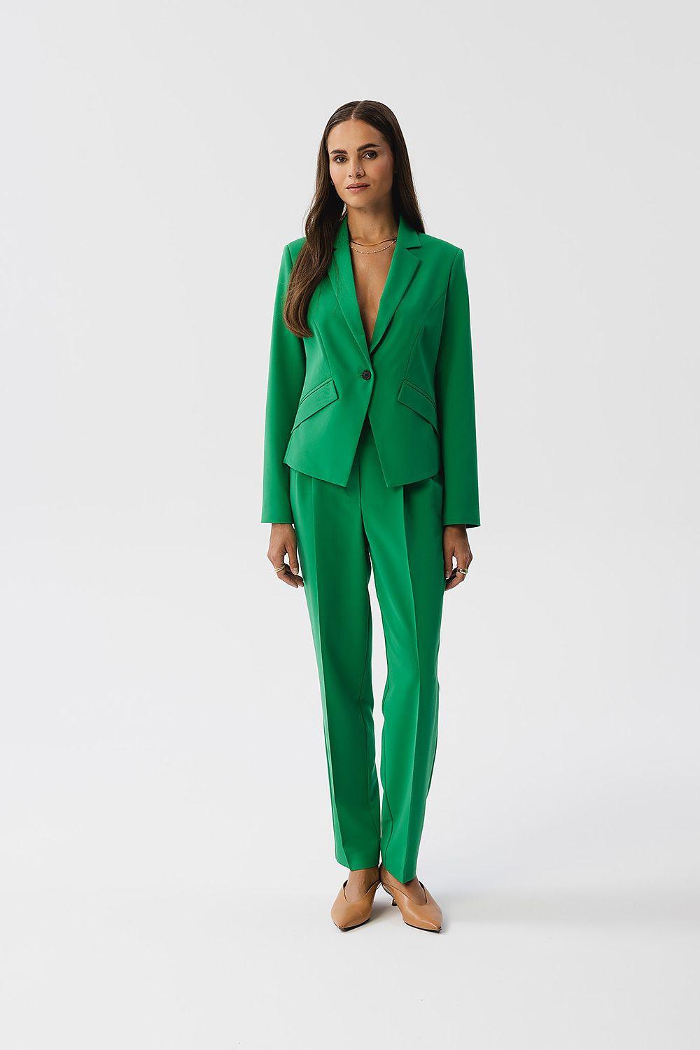 Women's asymmetrical jacket, green, notch lapel, single-button front, long sleeves