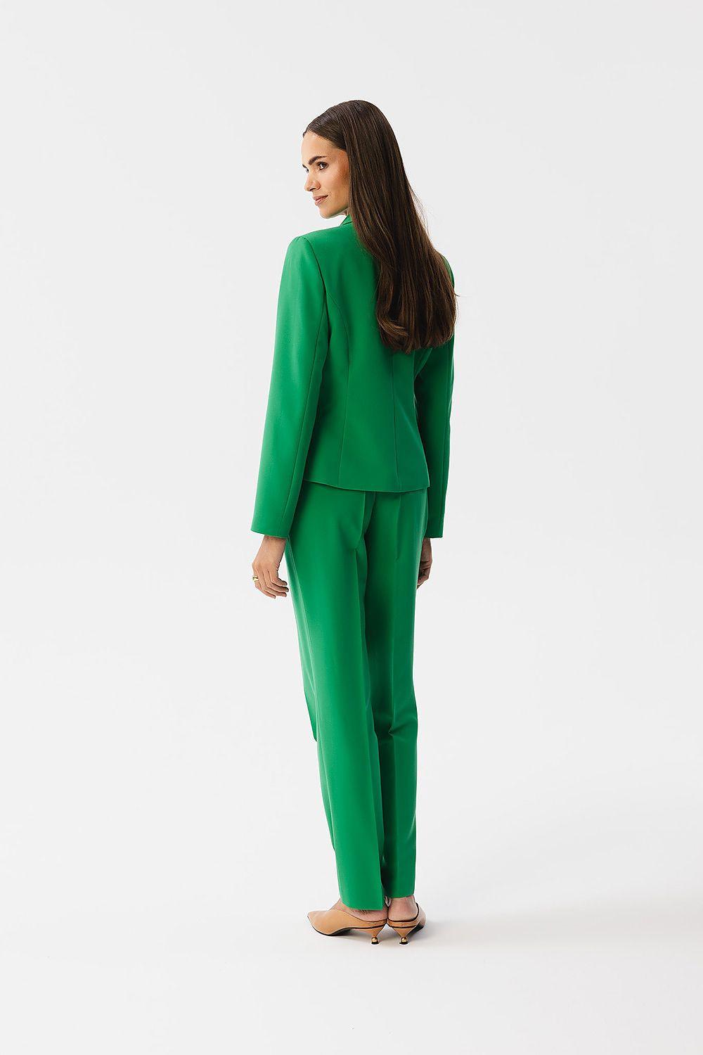 Women's asymmetrical jacket, green, long sleeves, open front, notch lapel