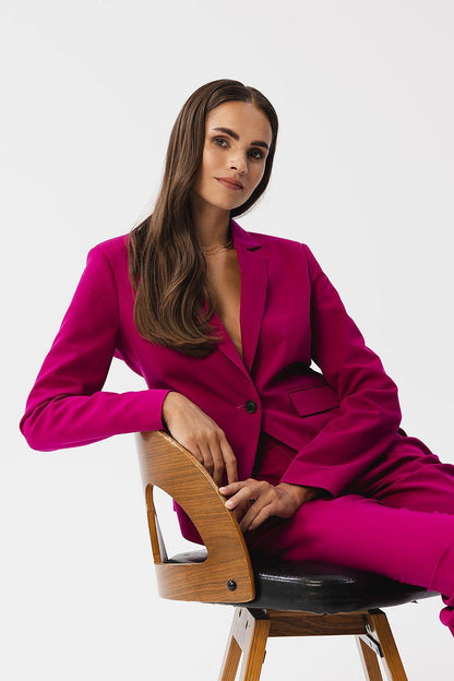 Women's asymmetrical jacket, magenta, single-button front, notch lapel, long sleeves