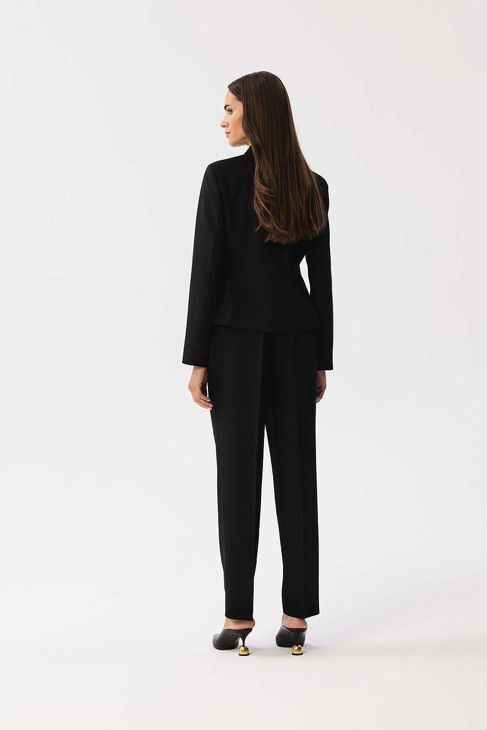 Women's asymmetrical jacket, black, long sleeves, tailored back view with seam lines