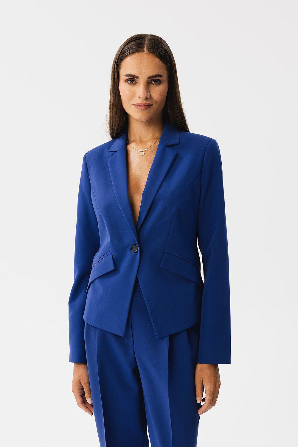 Women's asymmetrical jacket, blue, single-breasted notch lapels, long sleeves