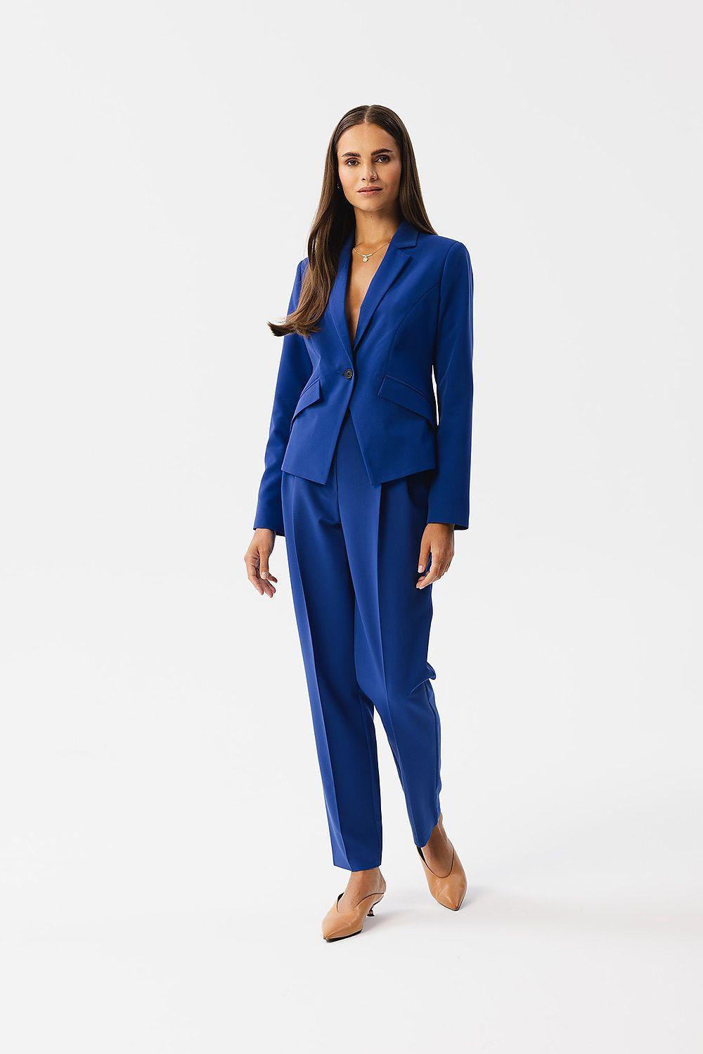 Asymmetrical blue women’s jacket with layered front and long sleeves
