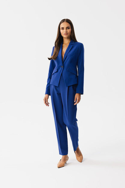Asymmetrical blue women’s jacket with layered front and long sleeves