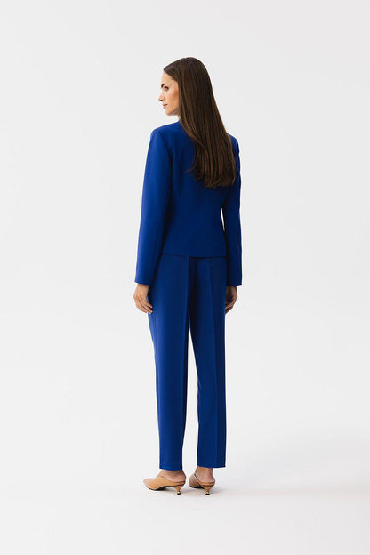 Asymmetrical blue women’s jacket with long sleeves, side profile