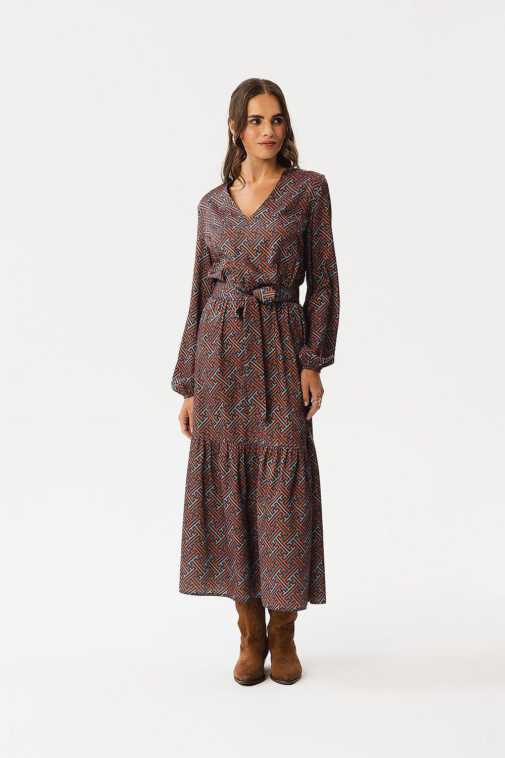 Women’s multicolor patterned daydress, V-neck, long sleeves, tie waist