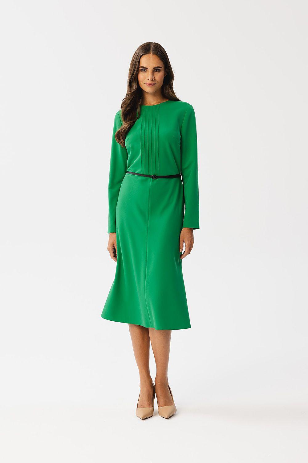 Green belted daydress with long sleeves, pleated bodice and midi skirt