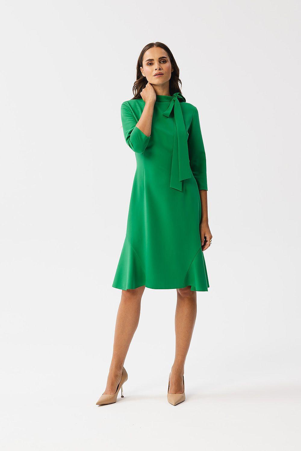 Green daydress with neck bow, three-quarter sleeves, midi A-line hem