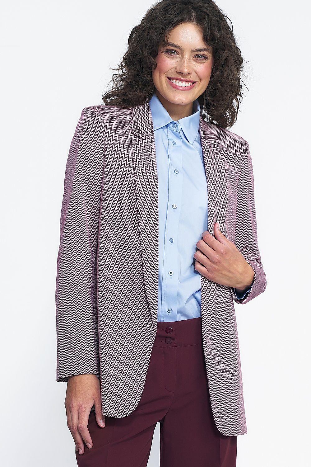 Women's purple patterned blazer jacket with notched lapels and long sleeves