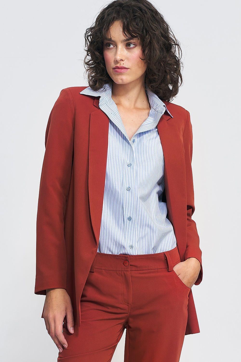 Women's red blazer jacket with open front, notch lapels, and flap pockets