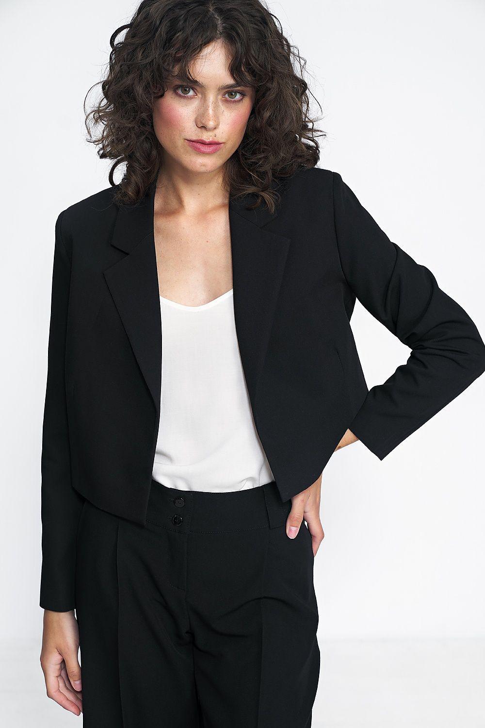 Black cropped blazer jacket with notch lapels and long sleeves, open front
