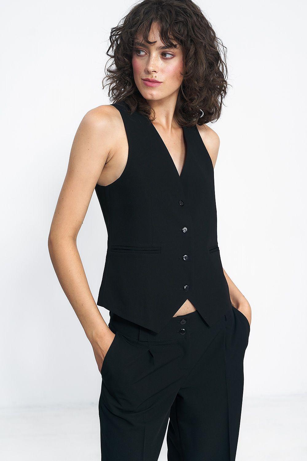Women's black gilet vest with V-neck and front buttons, side pockets