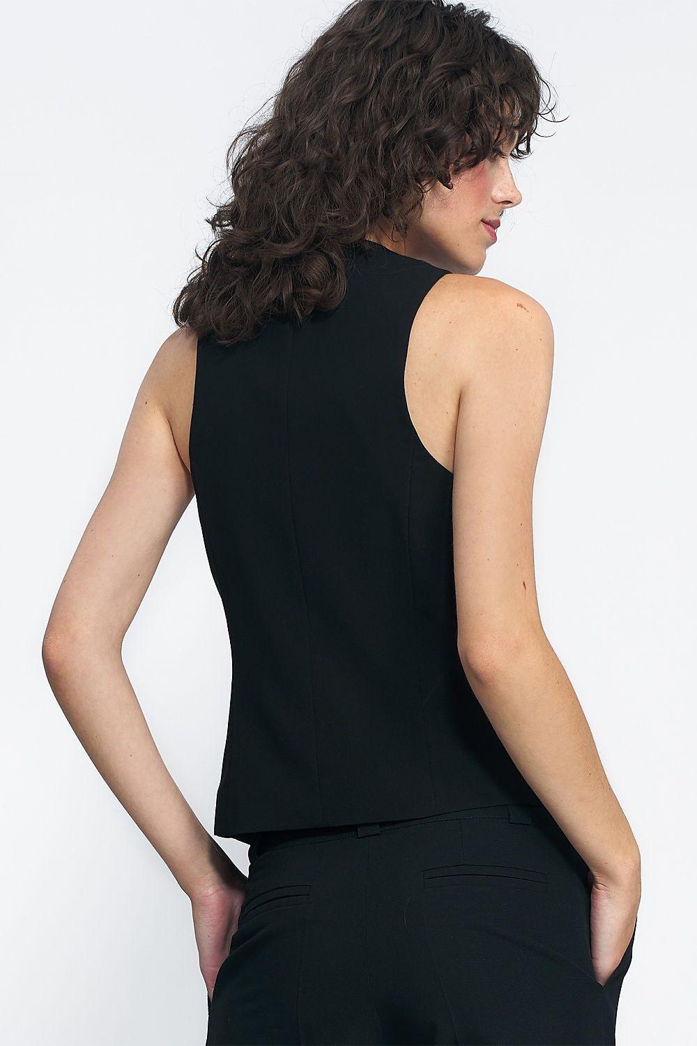 Women's black gilet vest back view, sleeveless with curved hem