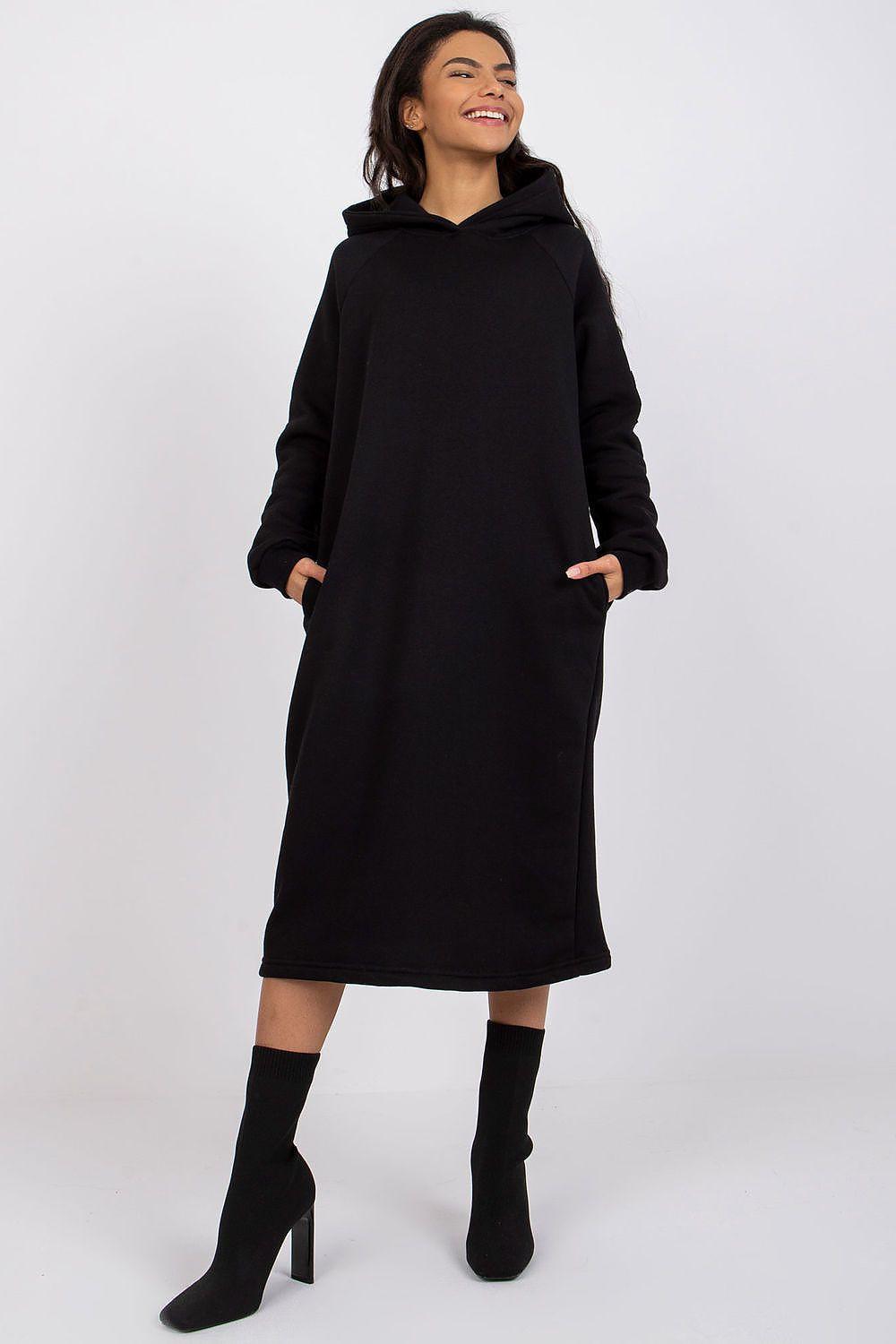 Black hooded daydress with long sleeves and midi length, straight fit