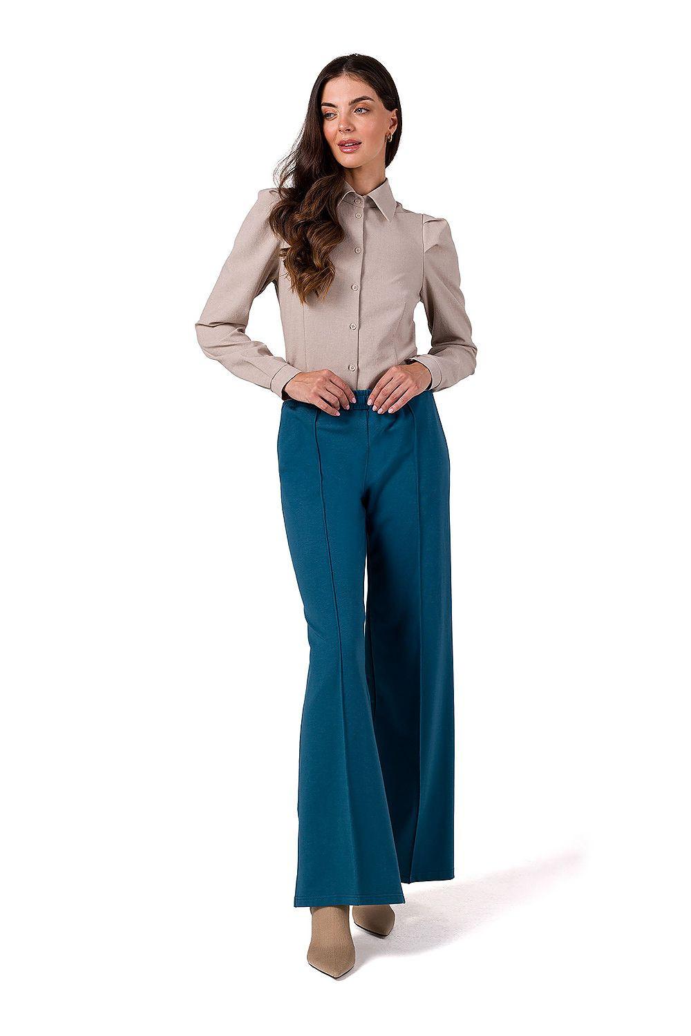 Women trousers by BeWear, teal blue, high-waist wide-leg with straight front crease