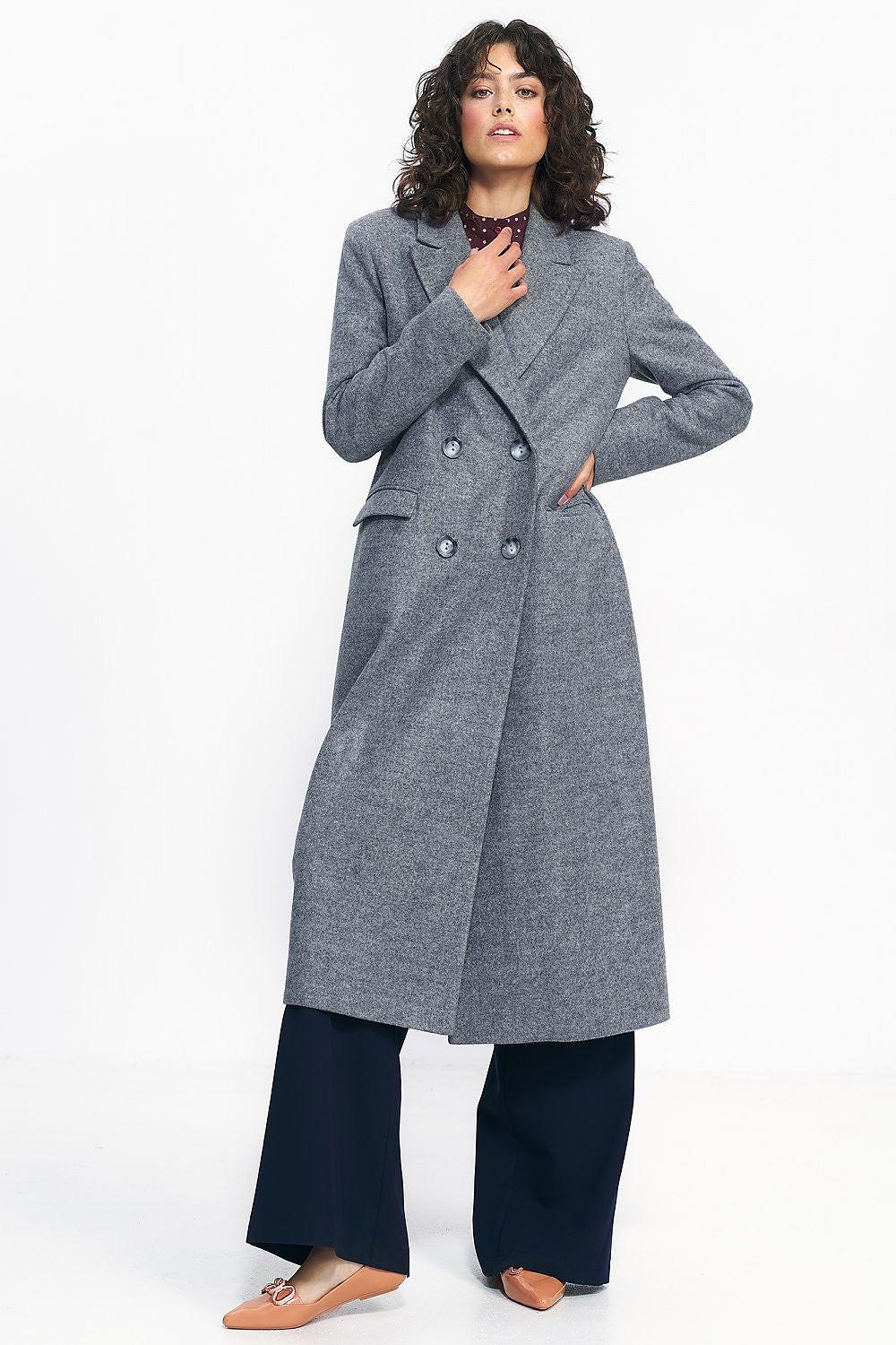 Oversize grey double-breasted coat with button front, notched lapels, long sleeves