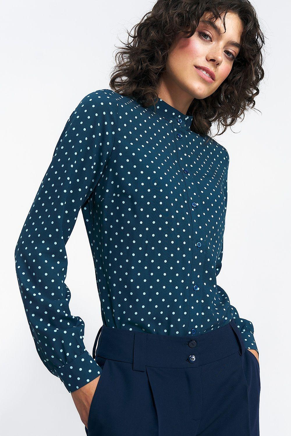 Long-sleeve polka dot shirt in dark green with white dots, collared button placket