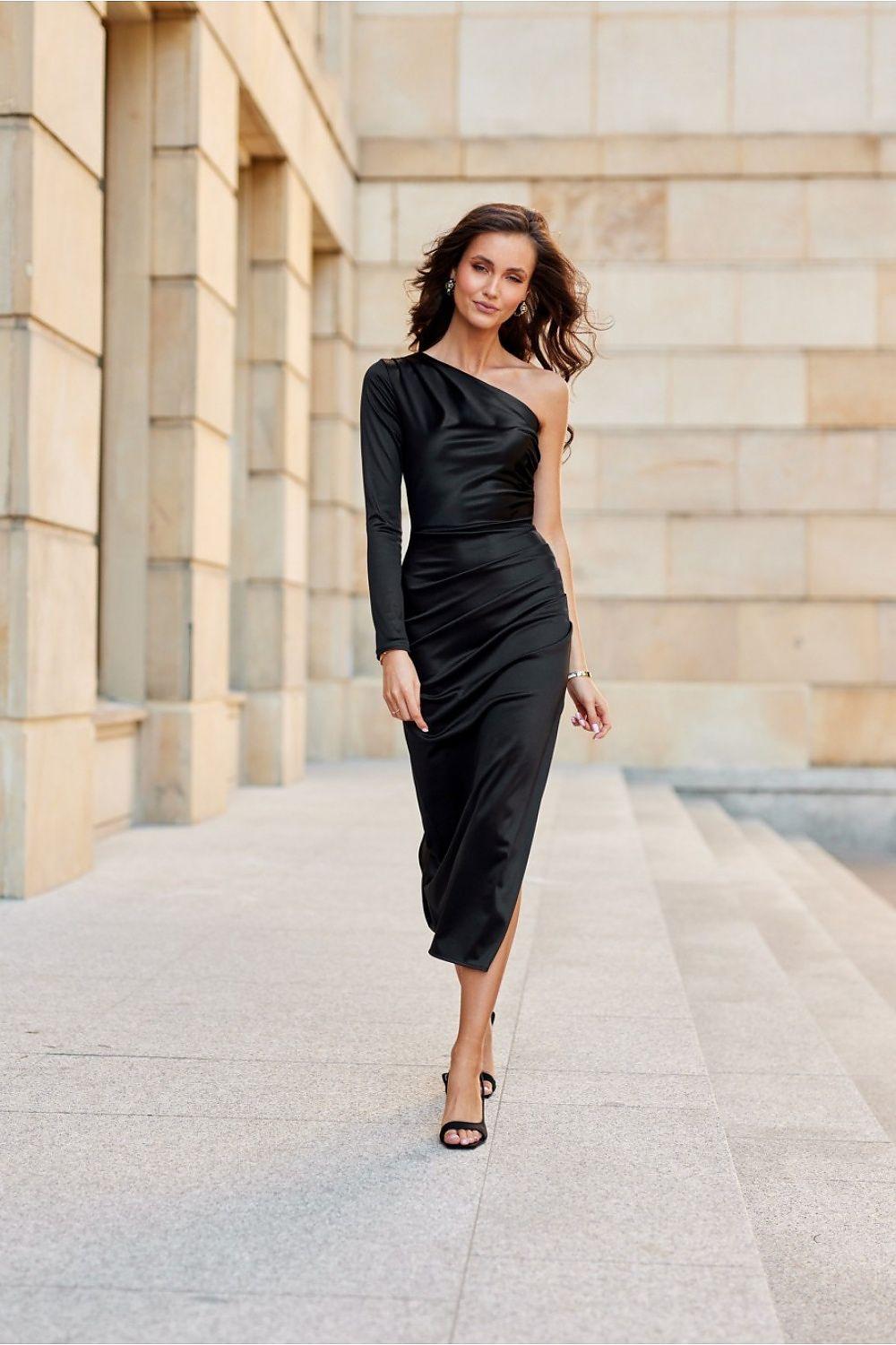 Black one-shoulder fitted midi evening dress with long sleeve and asymmetric neckline