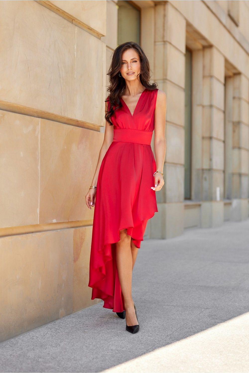 Red evening dress with V-neckline, sleeveless bodice, and asymmetrical layered hem