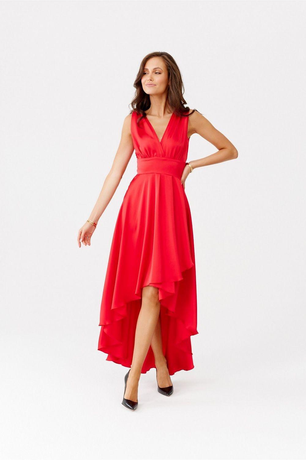 Red evening dress with sleeveless V-neck and layered asymmetrical skirt hem