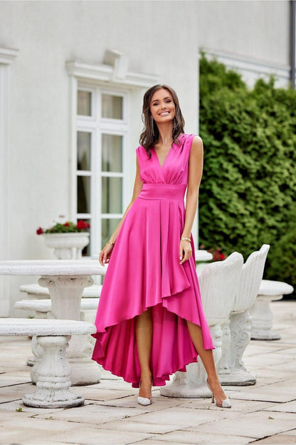 Pink evening dress with V-neckline, sleeveless bodice, and asymmetrical layered hem