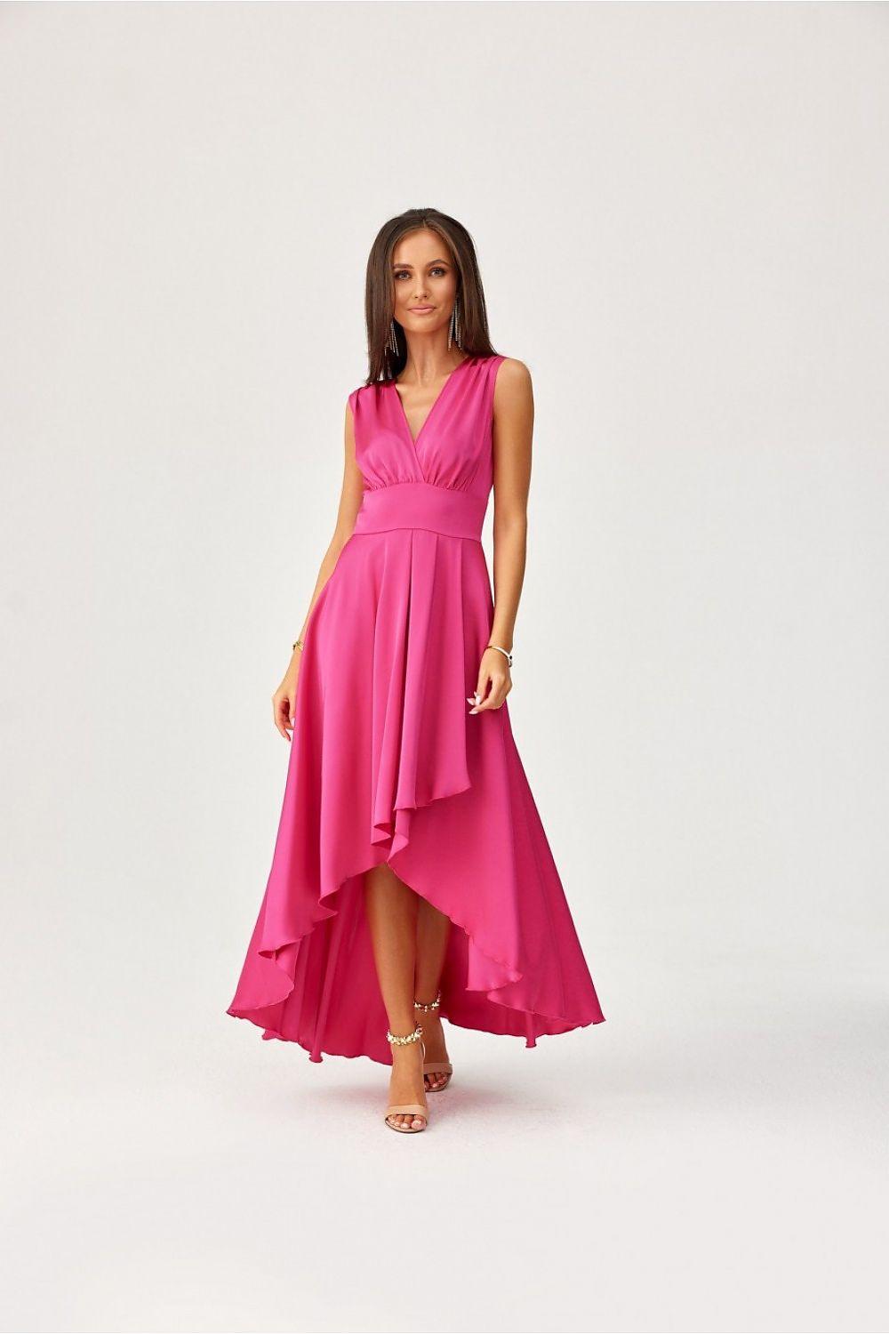 Pink evening dress with V-neckline, fitted waist, and tiered asymmetrical hem