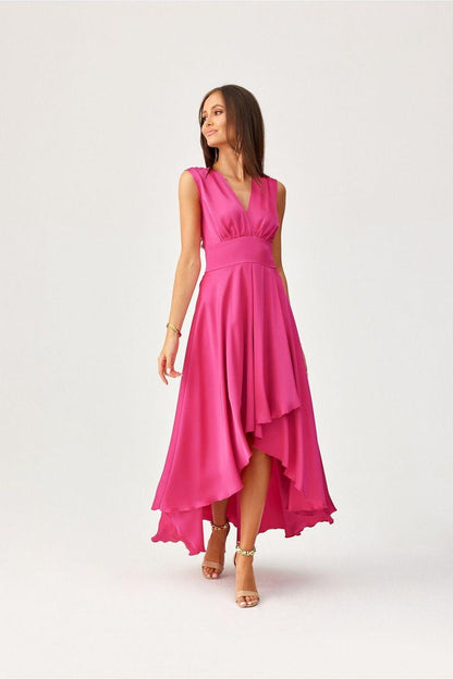 Pink evening dress with V-neckline and asymmetrical layered skirt hem