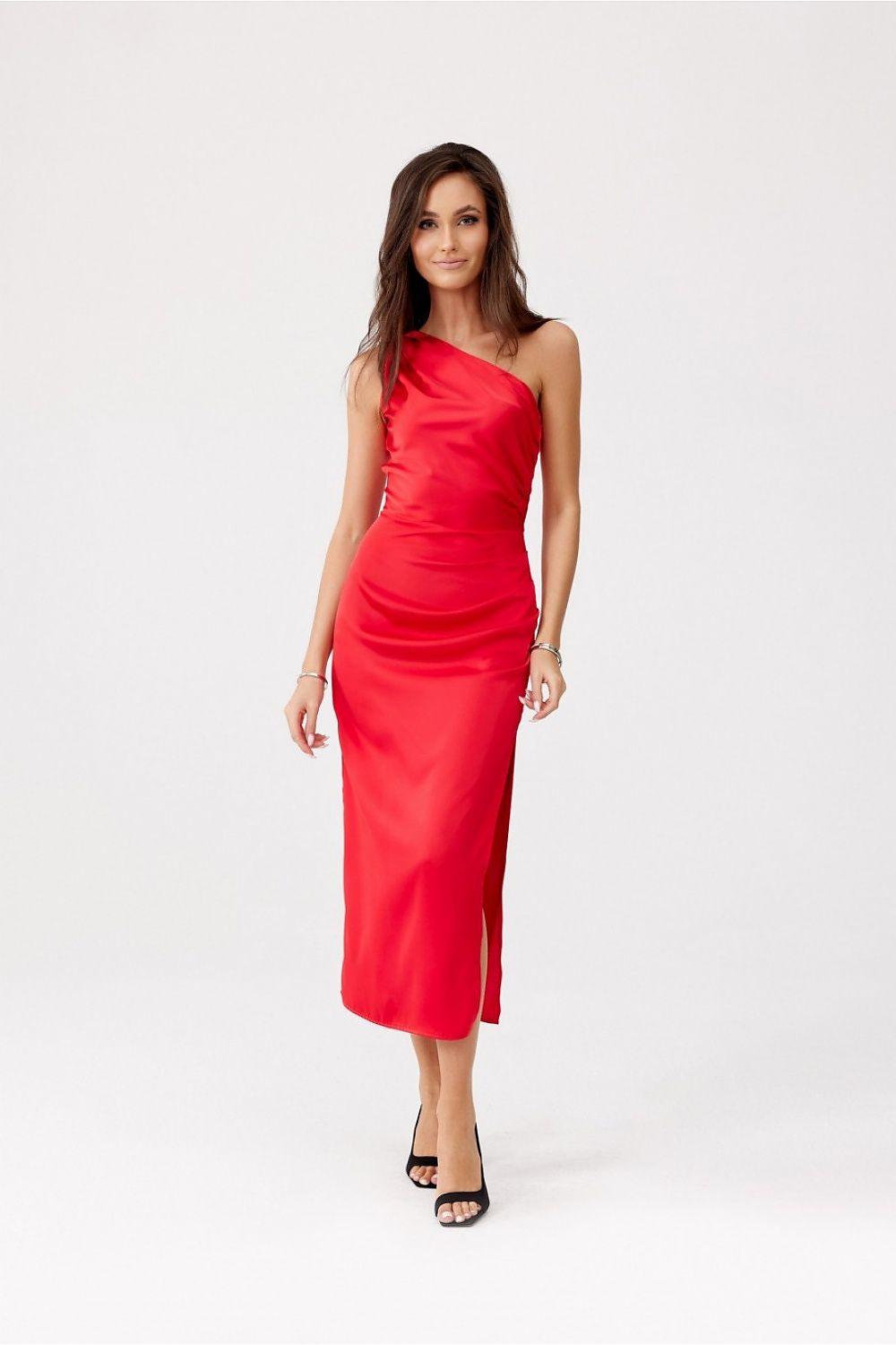 Red one-shoulder satin midi dress with sleeveless fitted bodice and straight midi skirt.