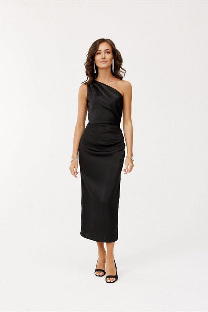 Black one-shoulder draped midi evening dress with a side slit