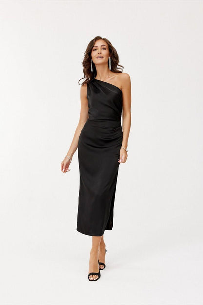 Black one-shoulder draped midi evening dress, fitted silhouette