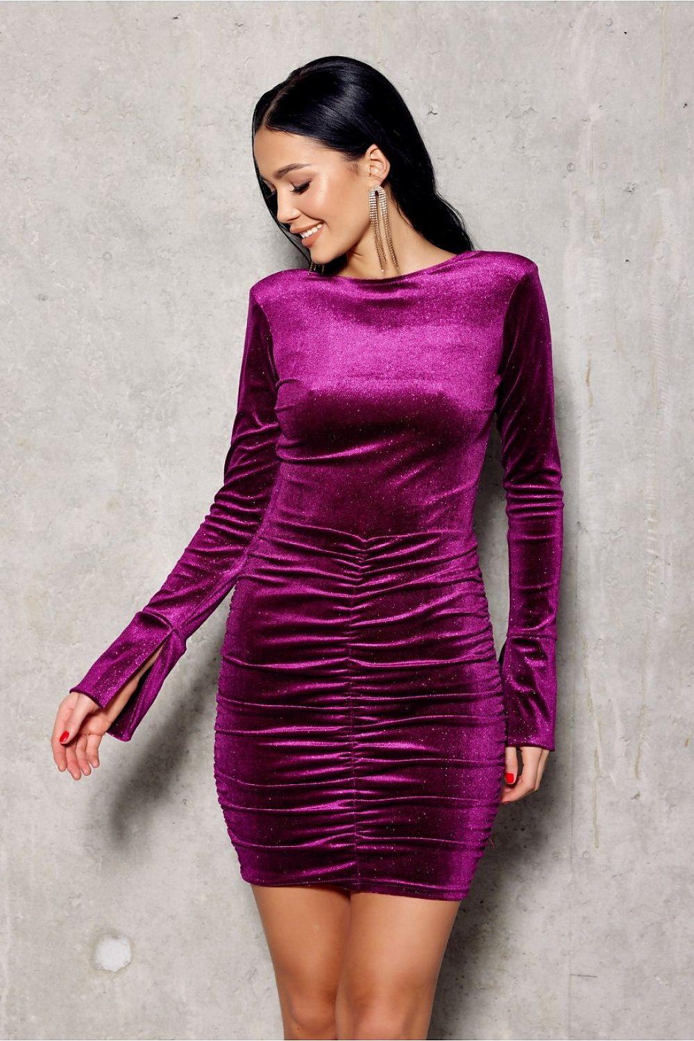 Violet short velvet dress with long sleeves and ruched fitted bodycon style