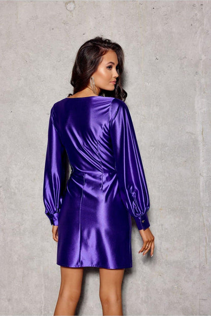 Violet satin short wrap dress with long puff sleeves and back V-neck.