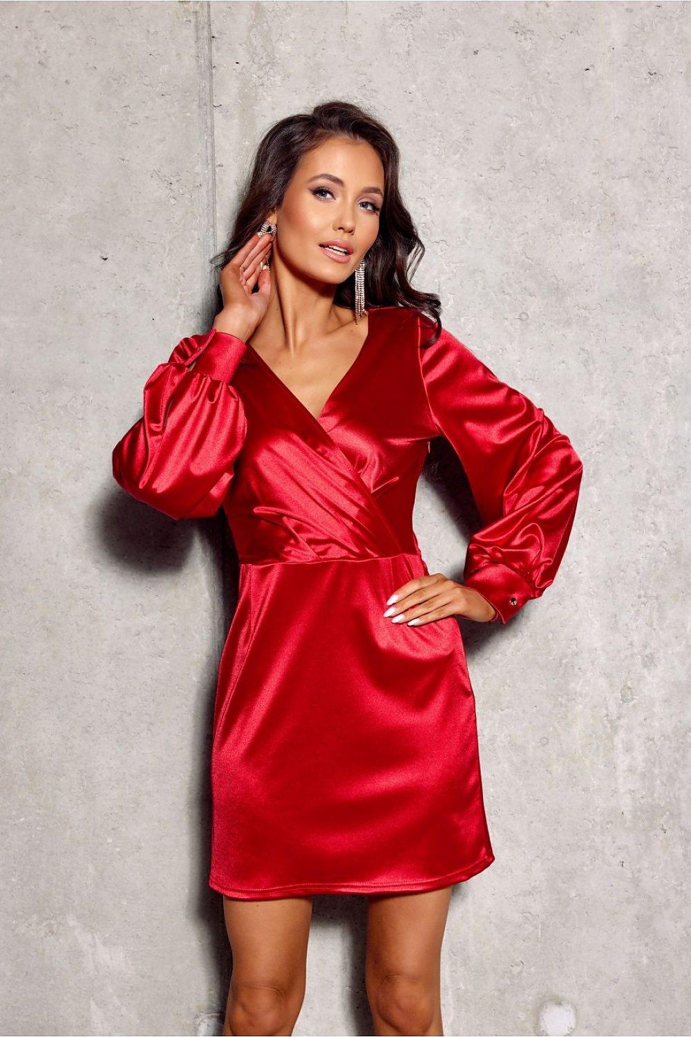 Red satin short wrap dress with V-neck, long puff sleeves, and gathered waist.