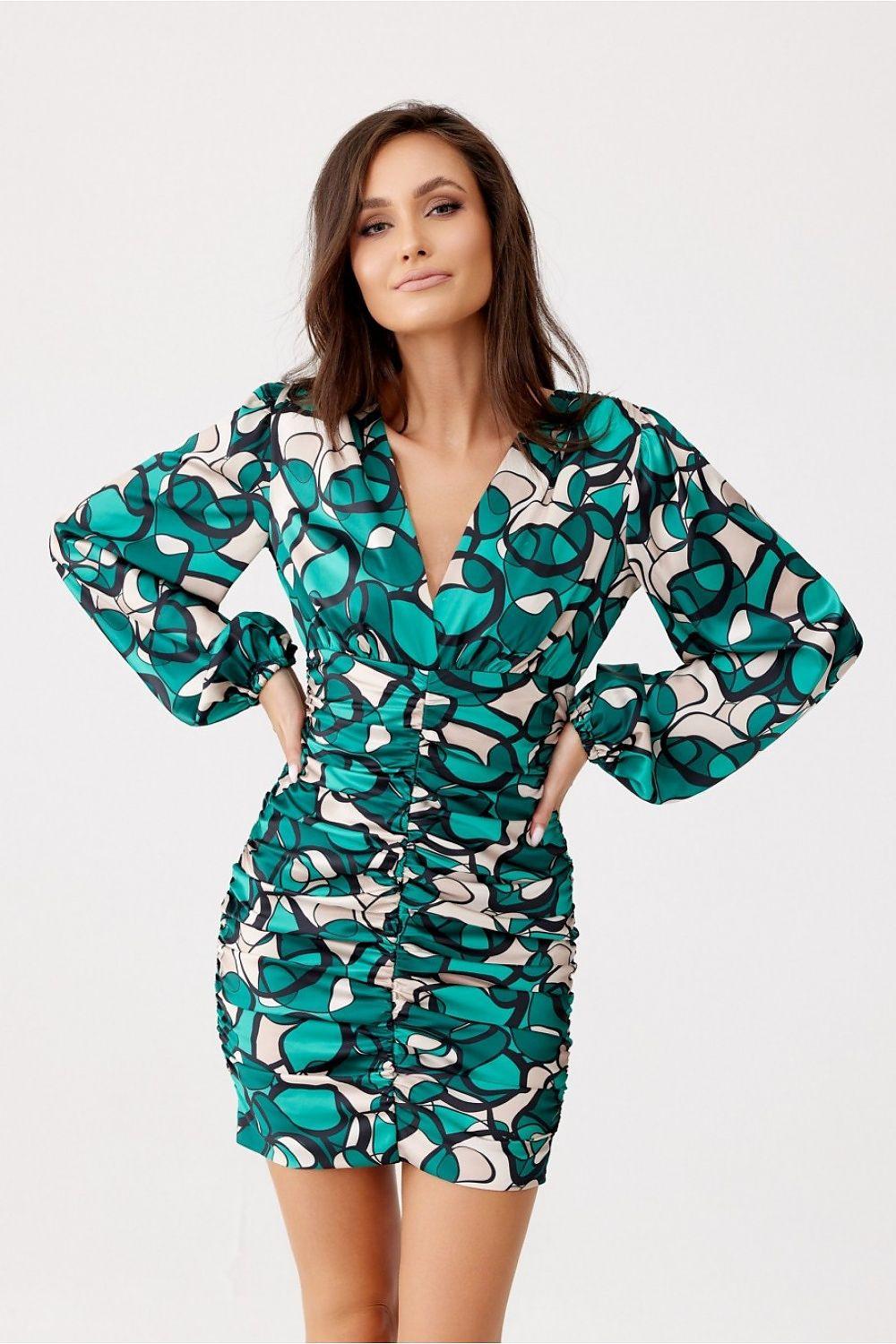Evening dress with teal-and-black abstract print, V-neck, puff sleeves, short ruched waist