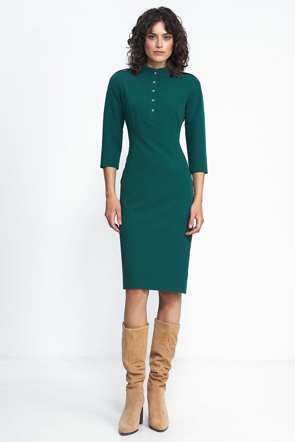 Nife green daydress with button placket and elbow-length sleeves