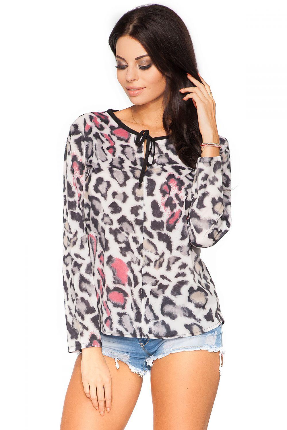 Chiffon animal-print blouse with ribbon neckline and long sleeves