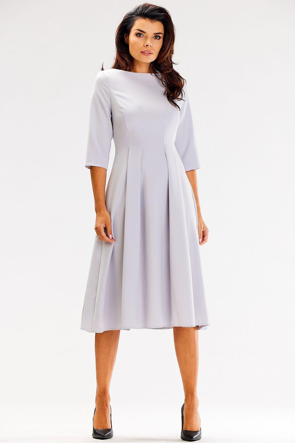 Light grey A-line daydress with 3/4 sleeves and crew neckline