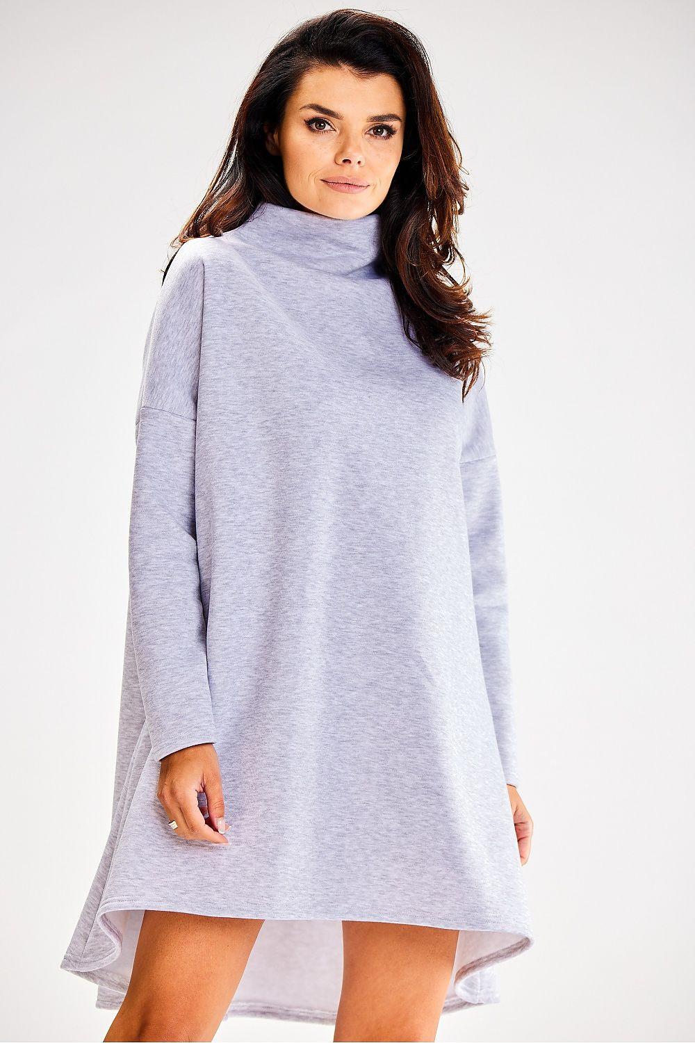 Grey Awama daydress with high neck, long sleeves and flared hem above knees